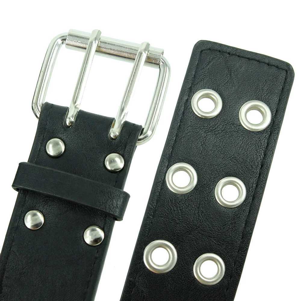 Fashion womens punk chain strap adjustable black double hole eye loop metal buckle leather mens jeans belt W240920