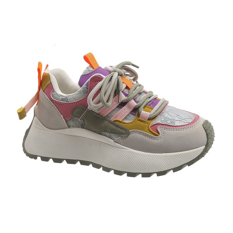 Color blocked soft Forrest Gump for women 2024 new lace mesh shoes, casual breathable sponge cake thick soled sports shoes