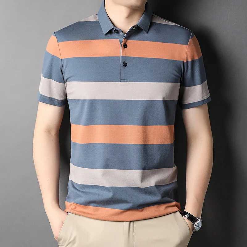 Summer Mens Polo Shirts With Short Sleeve Business Stripes Print Casual Tops Fashion Sport Wear Oversized T Shirts Man ClothesX240920