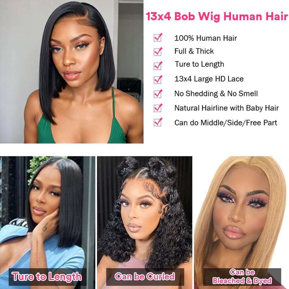 Short Bob Bone Straight 13X4 Front HD Lace Frontal Wig 200 Density Human Hair 8 10 12 14 16 inch For Black Women on Sale