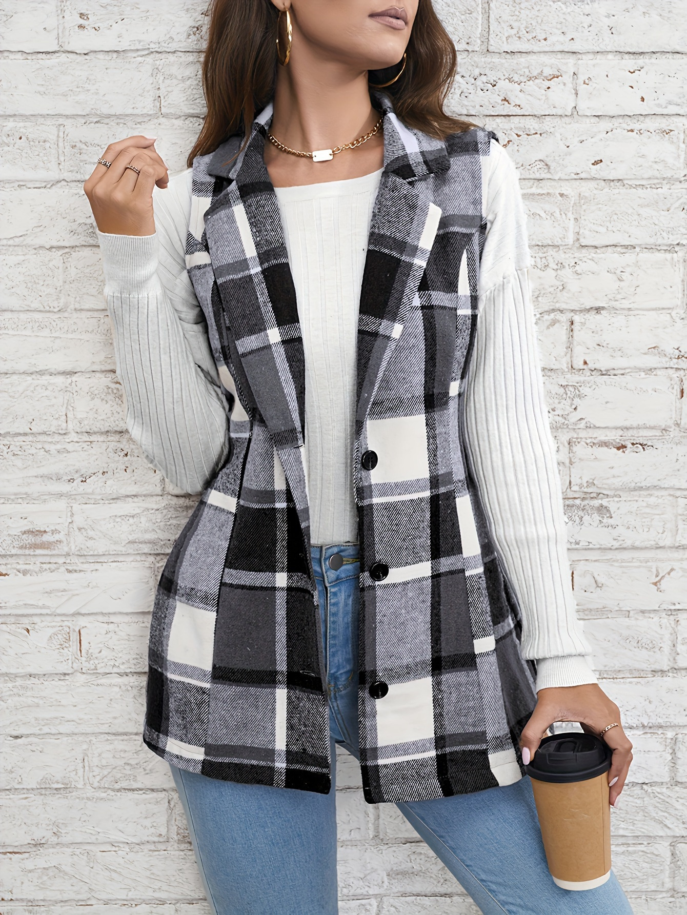 Europe America Hot selg women's elegant commuting lapel single breasted multicolored plaid spring and autumn vest