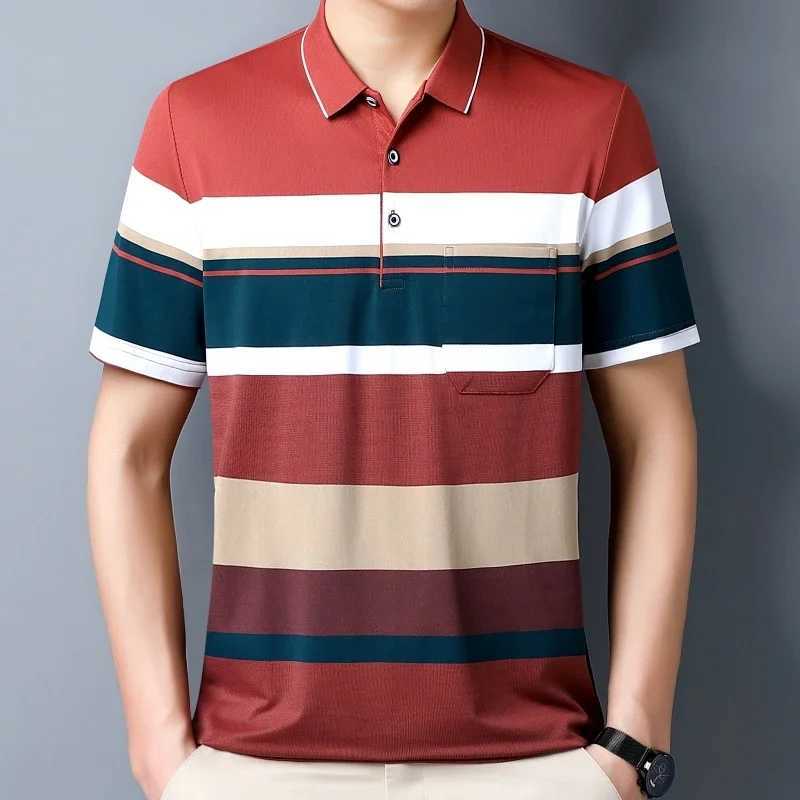 New Mens Color Woven Striped Short Sleeved POLO Shirt Cotton Summer Casual TopX240920
