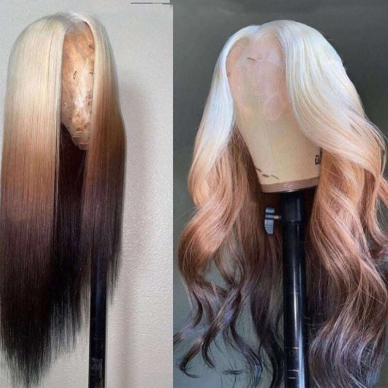 13X4 Ombre Colored Straight Brown Blonde 613 Roots With Black Ends Synthetic Glueless Lace Wig Cosplay Wigs