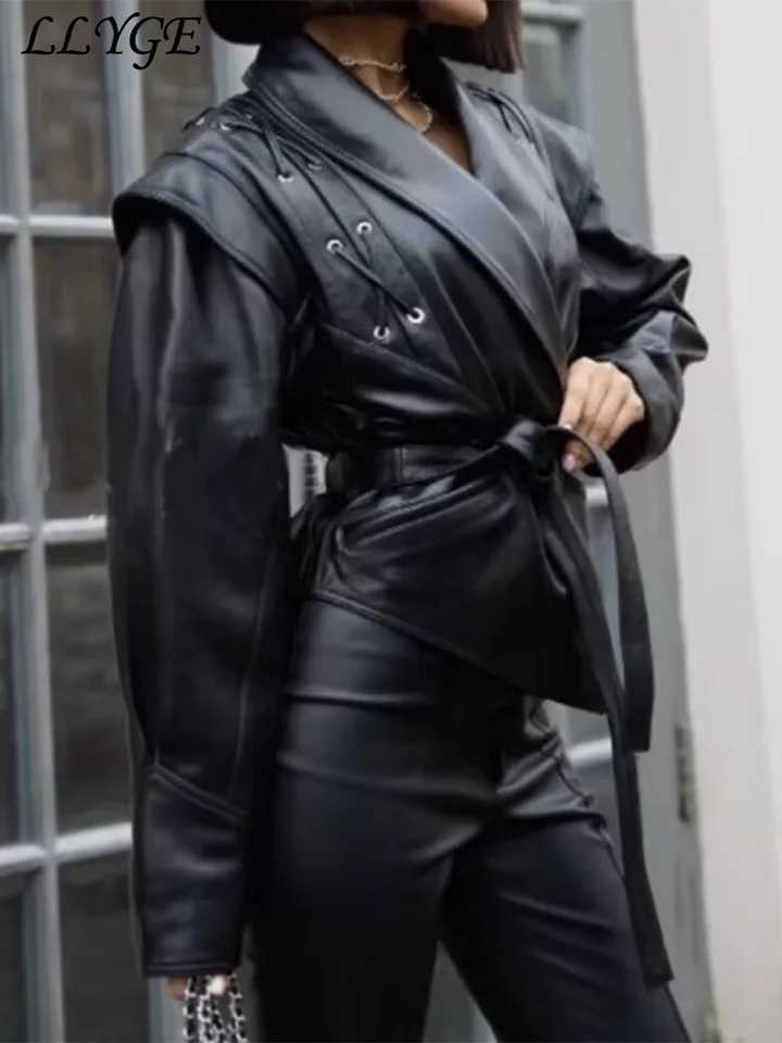 Vintage Womens Leather Jacket With Belt Slim Lace Up Lapel Long Sleeve Locomotive Coat 2024 Autumn Lady High Street Y2k OutwearX240920