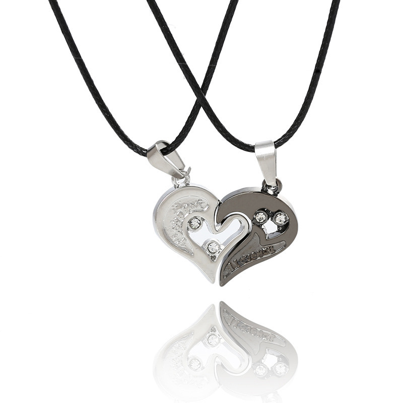 Fashion Heart Pendent Necklaces 18K Silver Plated I Love You 2 in 1 Crystal Couple Lovers Necklace Leather Chain Distance Relastionship Necklaces for 