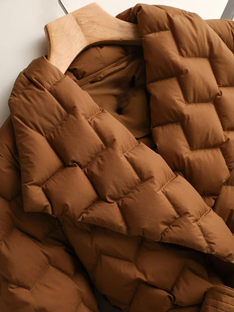 Winter New Lightweight Jacket With Women Elegant Tie Belt Long Cotton White Duck Down Parka Female Ladies Jackets Down Jacket