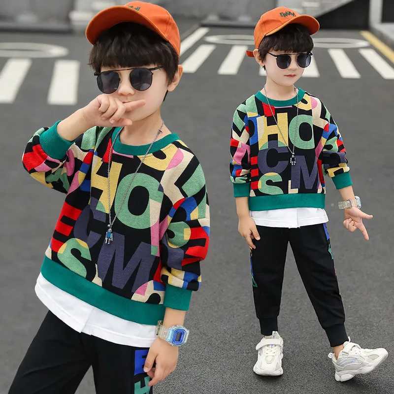 Spring Boys Suit Children Fashion Clothes Set Baby Kids Autumn Cotton Printing Long Sleeved Top Long Pants Teen Boys Tracksuit M240920