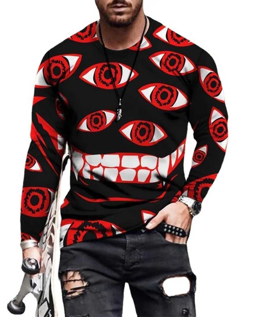Street youth vitality new trend mens graffiti color 3D printing tops long sleeve round neck outdoor sports fitness T-shirt menX240919