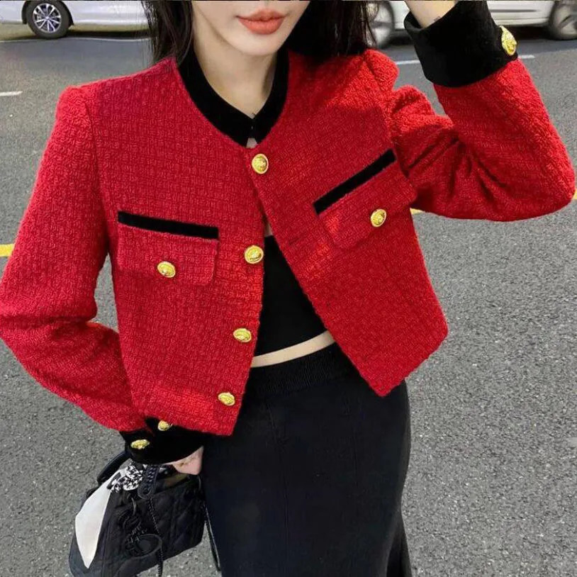 Simple Tweed Short Jacket Women Vintage Stand Collar Single Breasted Solid Long Sleeve Coat Korean Female Casual Tops Outwear 240920