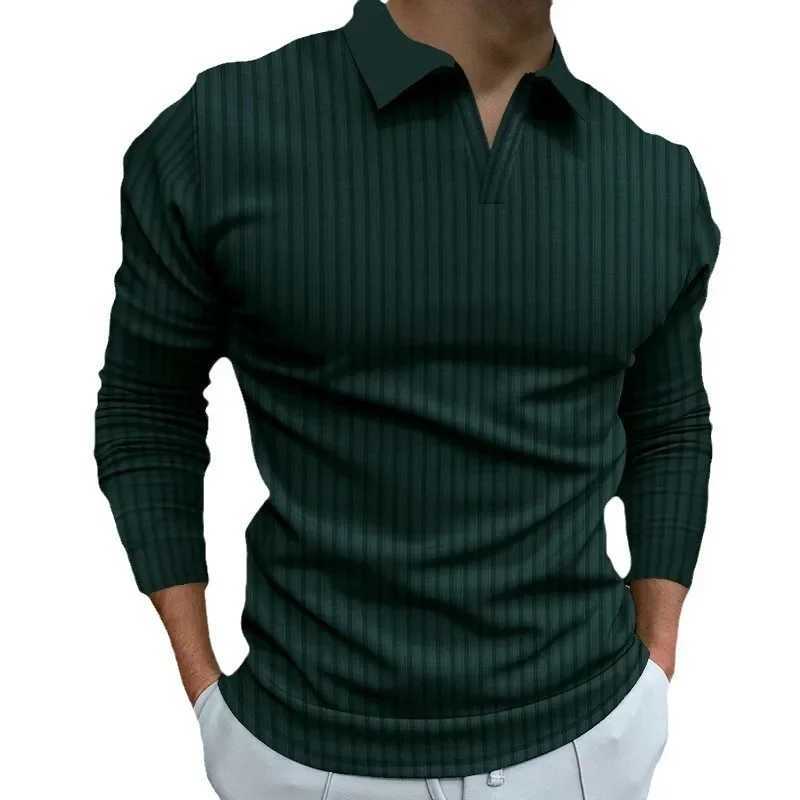 Mens Polo Shirt Cross-border European American Trade Autumn Fitness Business Stand Collar Sleeve Stripe V-neck Polo ShirtX240920