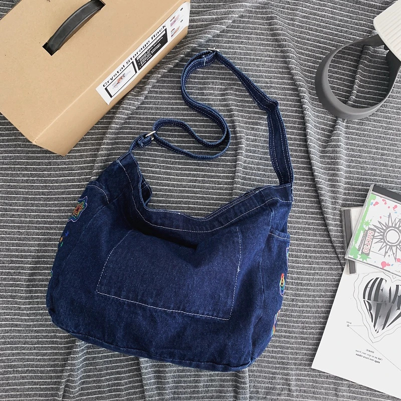 Denim shoulder bag canvas embroidered handbag fast womens large capacity casual or travel 240919