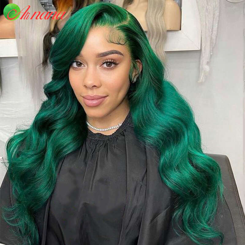 Olive Green Color Body Wave Transparent Brazilian Human Hair Pre-Plucked 13x4 Lace Frontal Wig Remy Highlights Wigs
