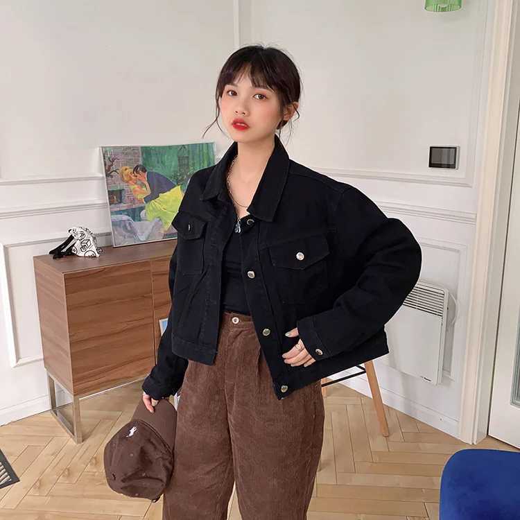 Black Denim jacket women elegant retro long style lapel loose denim jacket long sleeved shirt top for women winter clothes womenX240920