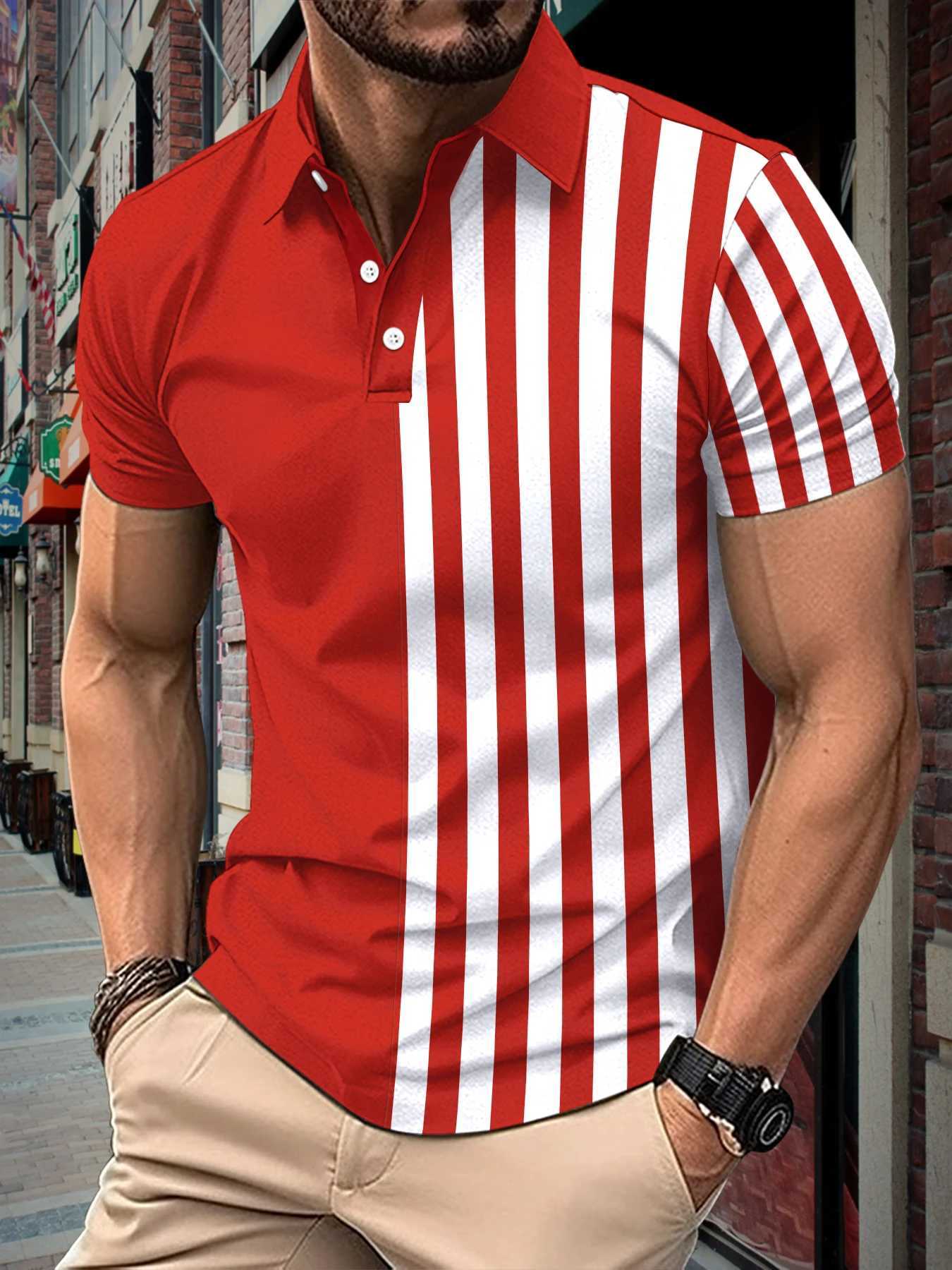 Mens summer new mens short-sleeved polo shirt striped color contrast lapel polo shirt Fashion sports T-shirt Breathable topX240920