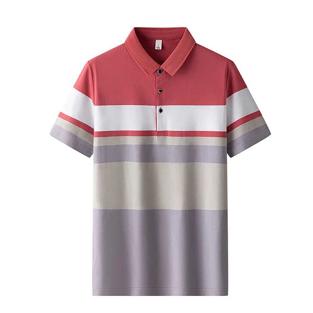 Business Casual Mens Polo T-Shirt Summer Short Sleeves Tops Stripe Print Button T Shirt Oversized Clothing Fashion Polo ShirtsX240920
