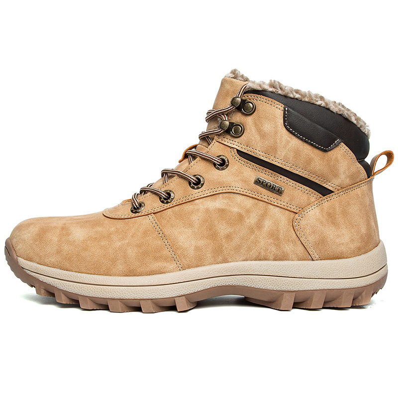 Large size high top casual lace up and plush snow boots, outdoor men's hiking warm Northeast boots