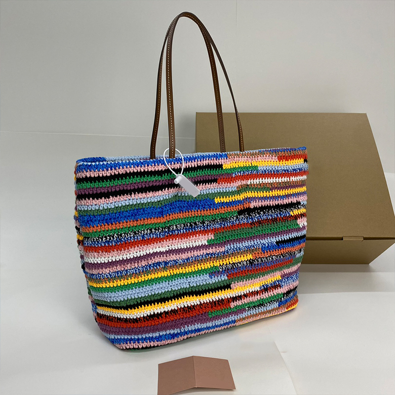 Weave handbag bags designer women bag crochet knitting tote bag rainbow color shoulder bags purses designer woman handbag cowhide leather handle totes purse