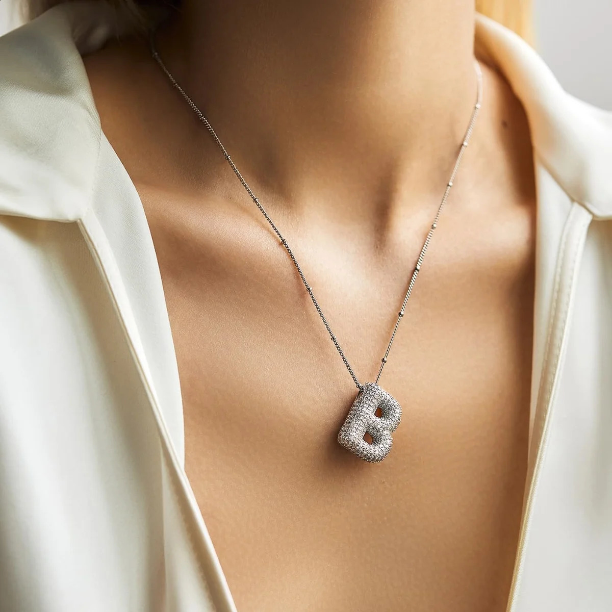 MHS. Sun High Quality Bubble Initial Necklace Letter A-Z Silver Zircon 26 Initial Balloon Pendant 240919