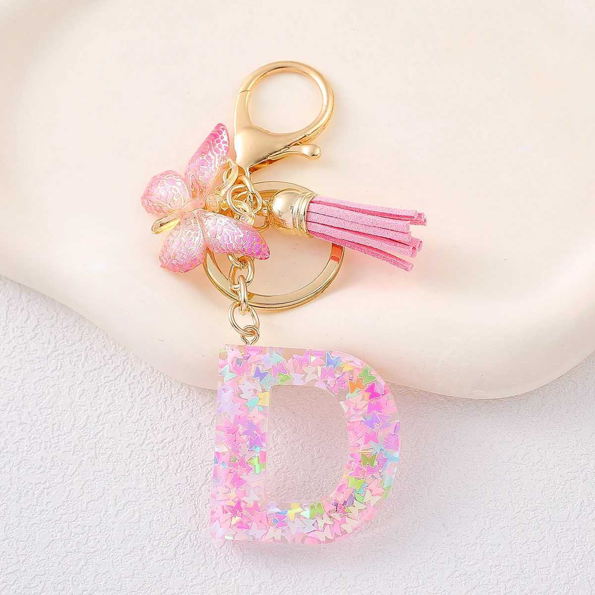 Fashionable Cute Tassel Alphabet Keychain Resin Colorful Sequins Butterfly Letter Keyring Ideal For Ladies Festive Purse CharmX240919