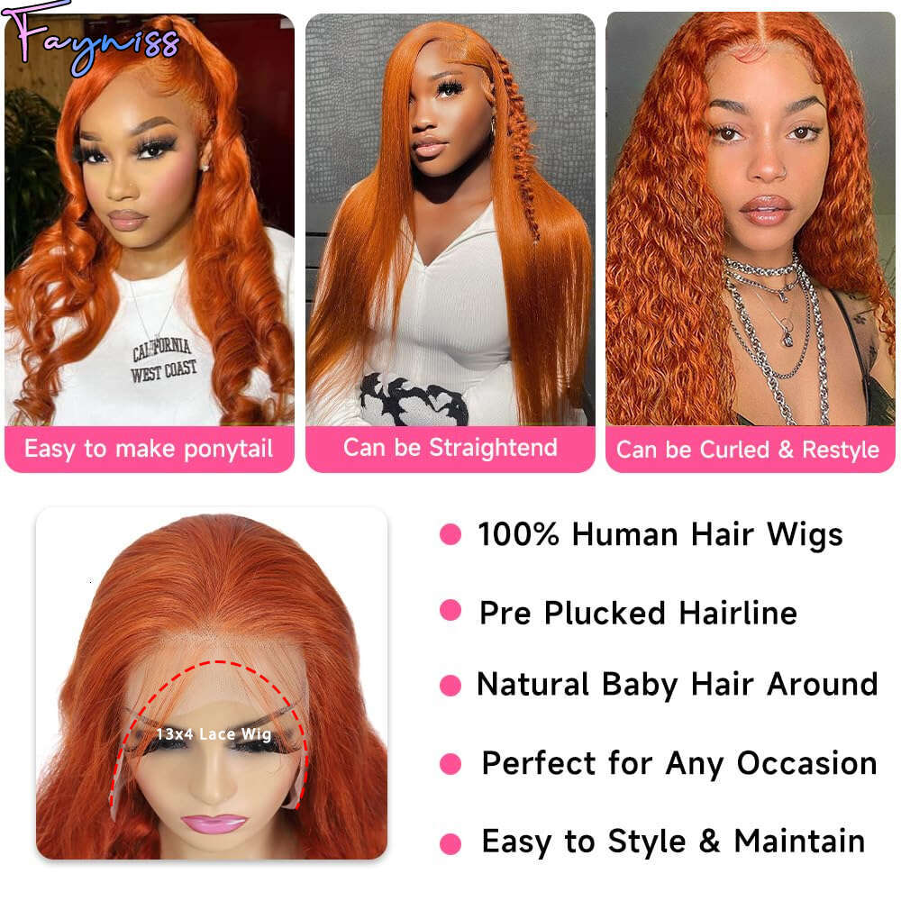 Fayniss Ginger Orange Body Wave 13x4 Front Color Transparent Wigs 180% Human Hair HD Lace Frontal Wig