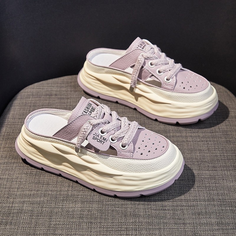 Thick bottom toe half women's spring and summer outdoor wear 2024 new hollow out cool slippers for casual lazy people with one foot kick