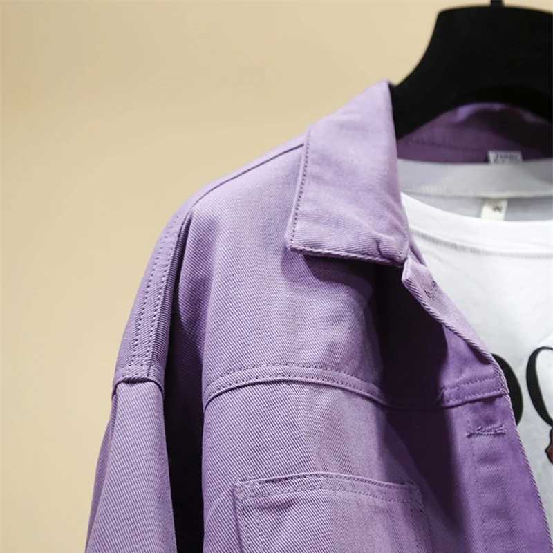 2024 Spring Autumn Purple Denim Jackets Short Womens Coat Pockets Single Breasted Long Sleeve Loose Solid Female Outwear TrendX240920