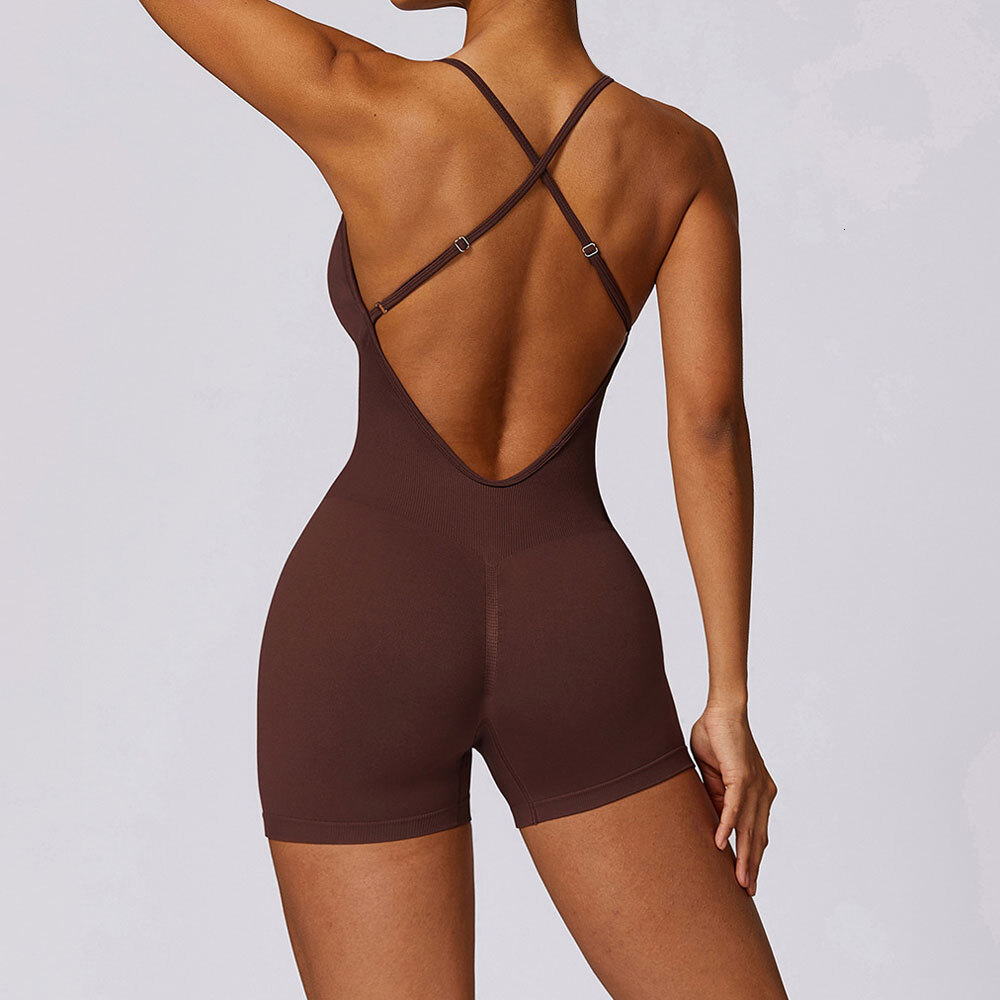 NCLAGEN Women Seamless Gym Jumpsuit Adjustable Thin Strap Sports Shorts Set Workout Playsuit Backless Cross One Piece Yoga Suit
