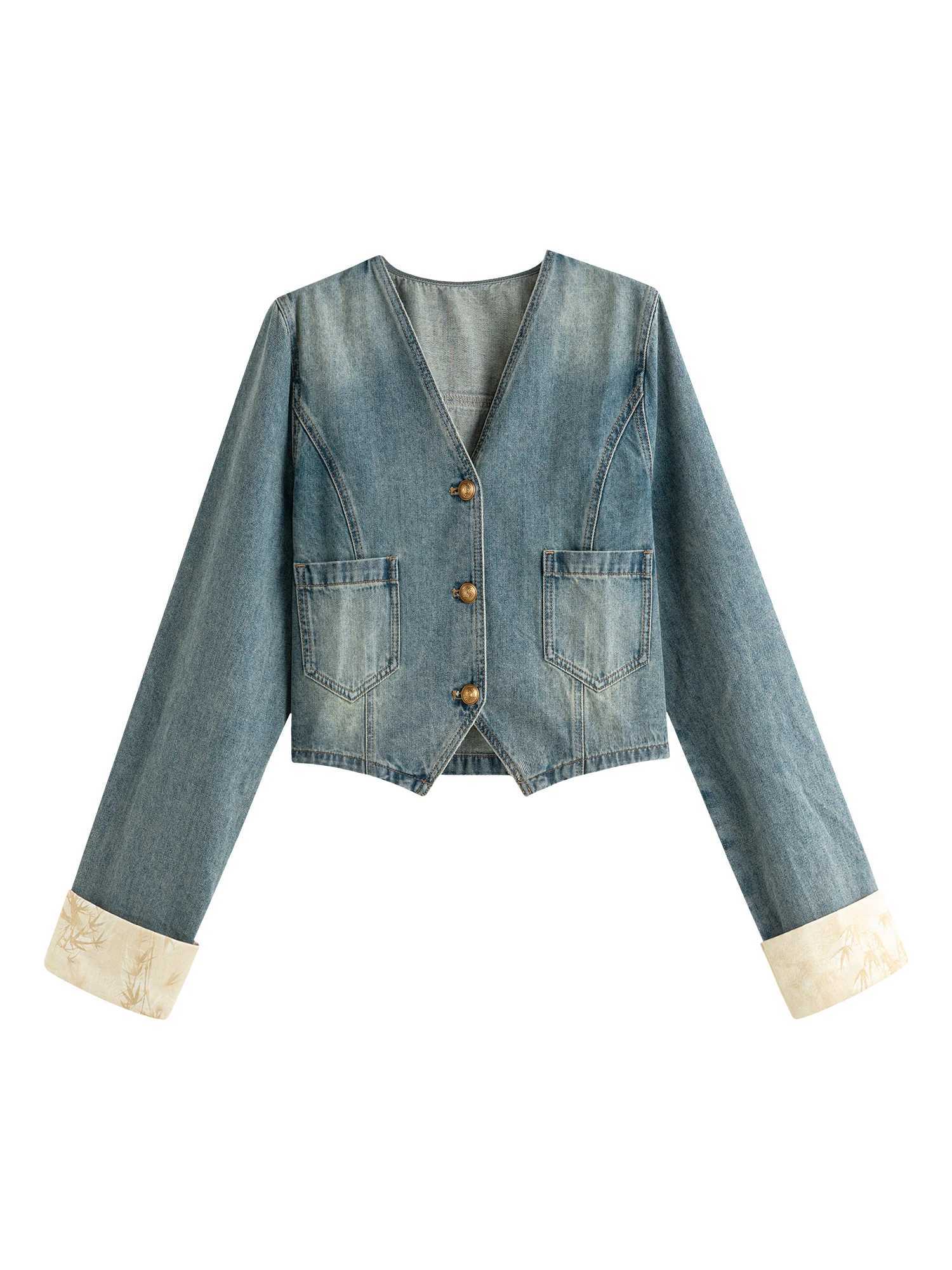 FSLE Women Short Denim Jackets Autumn New Retro Cotton V-Neck Denim Blue Female Coats Cuff Patchwork Design Tops 24FS13177X240920