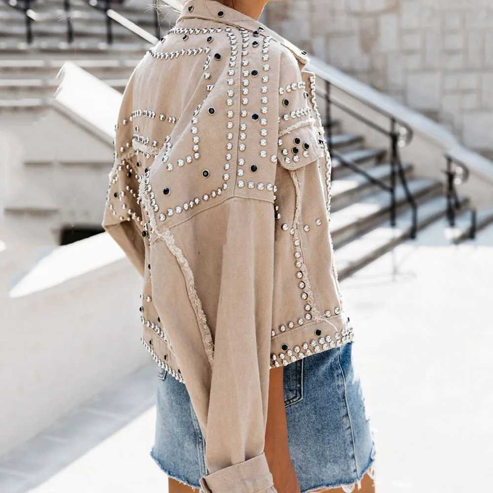 Womens collar washed denim jacket single chest retro full sleeve rivet motorcycle streetwear Gothic jacket spring W240920