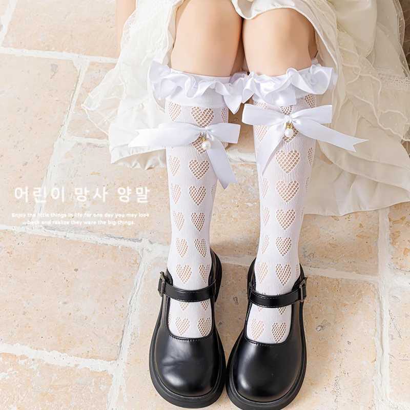 Kids Socks Baby Kids Big pendant pearl Long Lolita Sock Hollow mesh heart Over The Knee High Sock Ribbon bow Princess Girl Kawaii Stockings Q240920