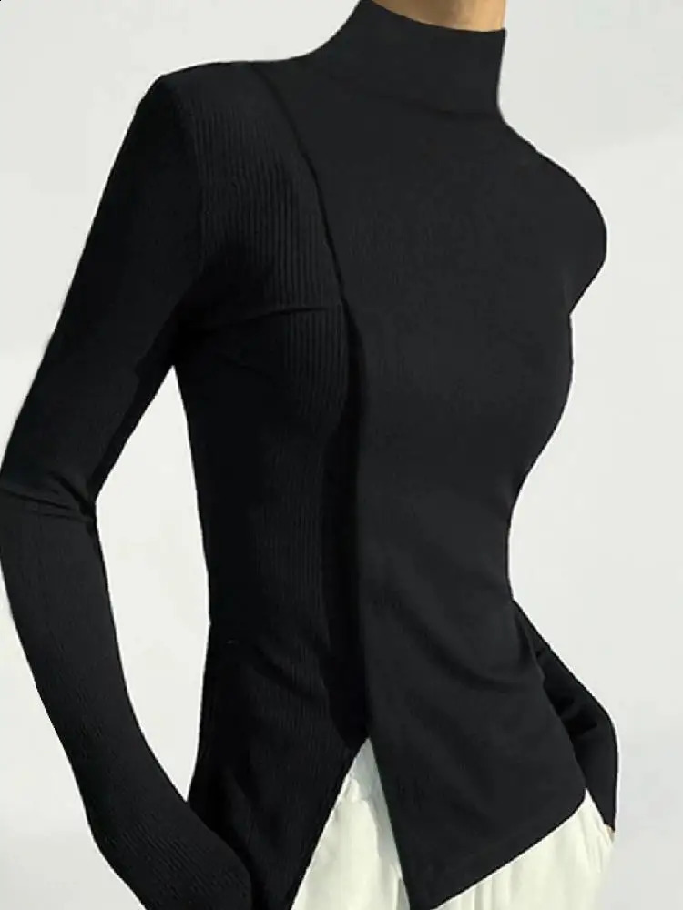 Yeezzi womens spring and autumn long sleeved solid color split high neck T-shirt fashionable simple casual and trendy top 240920