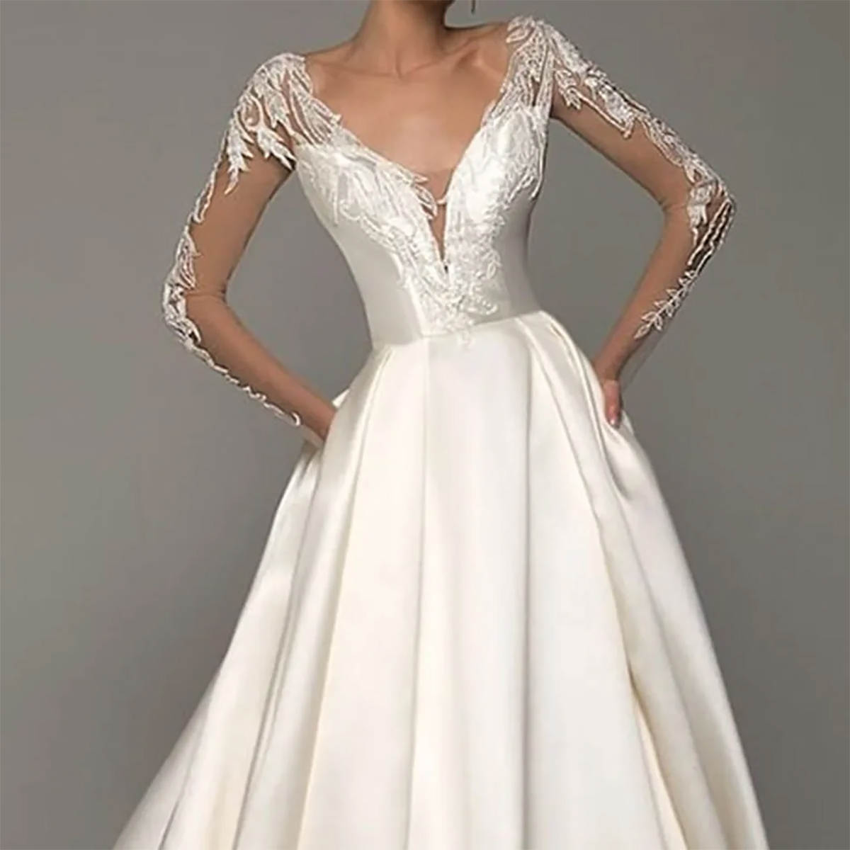 Elegant Wedding Dress For Women V Neck Long Sleeves Backless Bridal Gown Lace Appliques Sweep Train Dresses Custom Made Vestidos De Novia