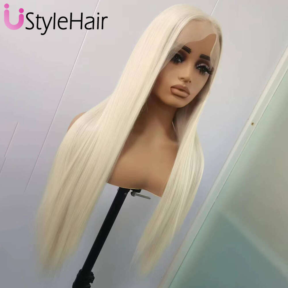 Ustylehair Platinum Blonde Long Silky Straight Wig 13X6 Lace Wigs For Women Heat Resistant Synthetic Hair Daily Used Front