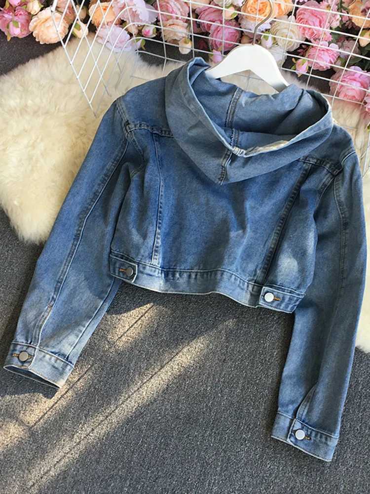 XFPV 2023 New Autumn Vintage Casual Solid Color Hooded Drawstring Denim Jacket Women Single Breasted Shorts Coat Tide SM1742X240920