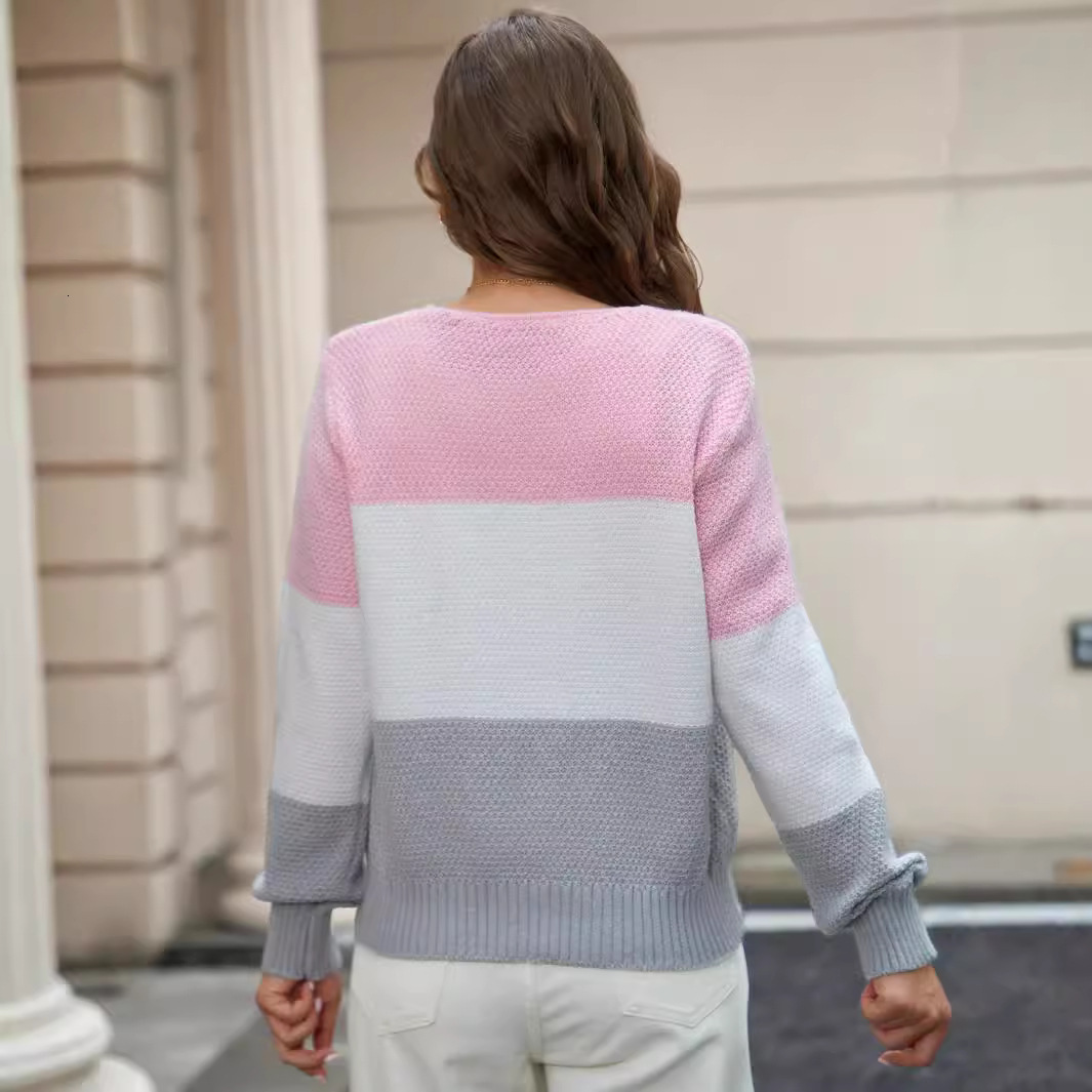 Women's V-neck long sleeved fake button color blocked pullover knitted sweater top F0920#40 4c5e1