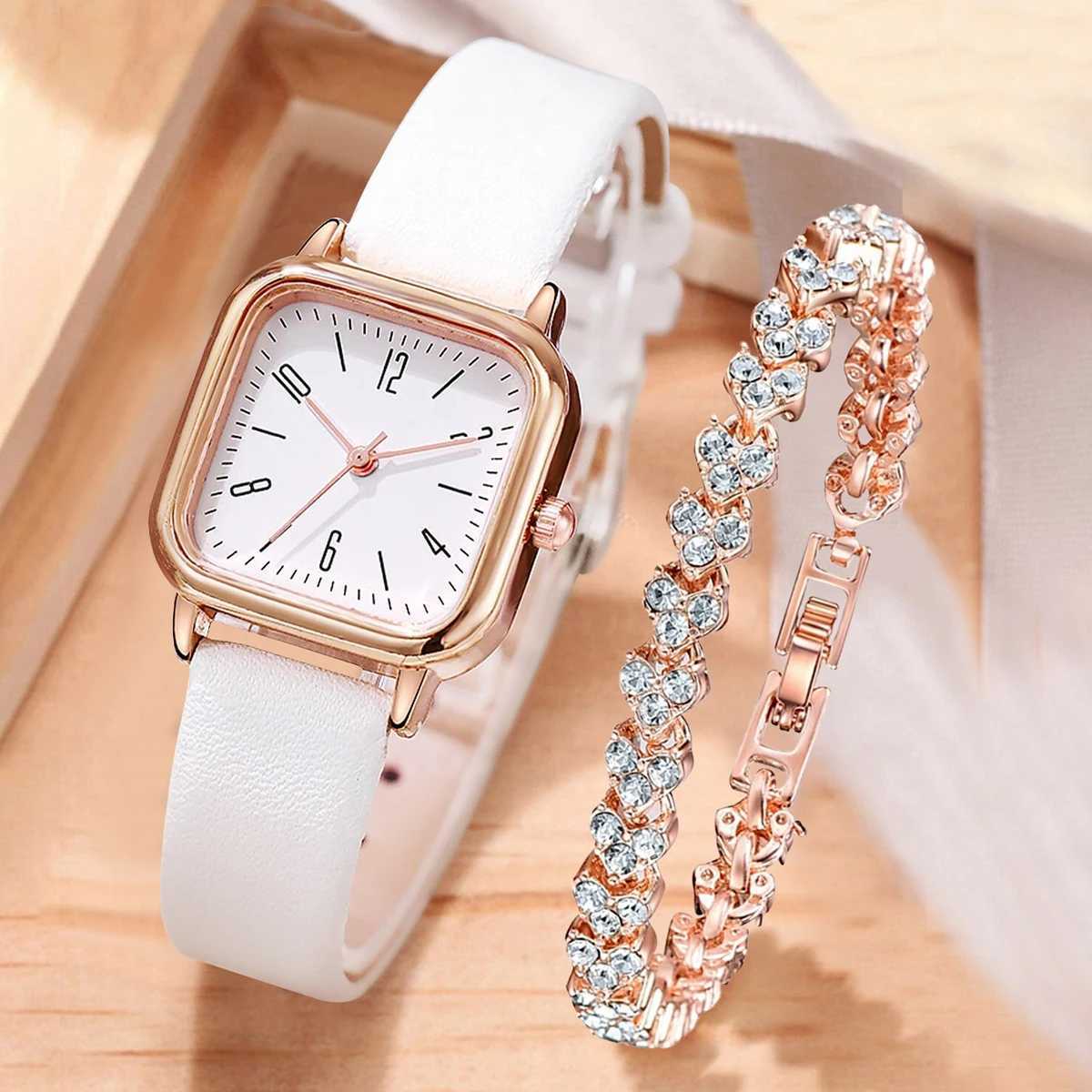 2PCS/Set Fashion Square Women Watches Casual Leather Strap Quartz Watch Rhinestone Bracelet SetX240920