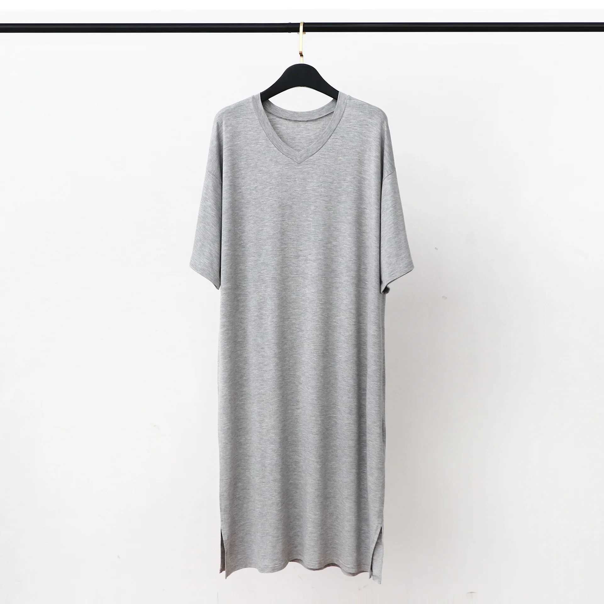 Modal Pajamas Home Clothes Mens Short-sleeved V-neck Mid-length One-piece Nightgown Loose Large Size Mens Cotton Bathrobe Y240919