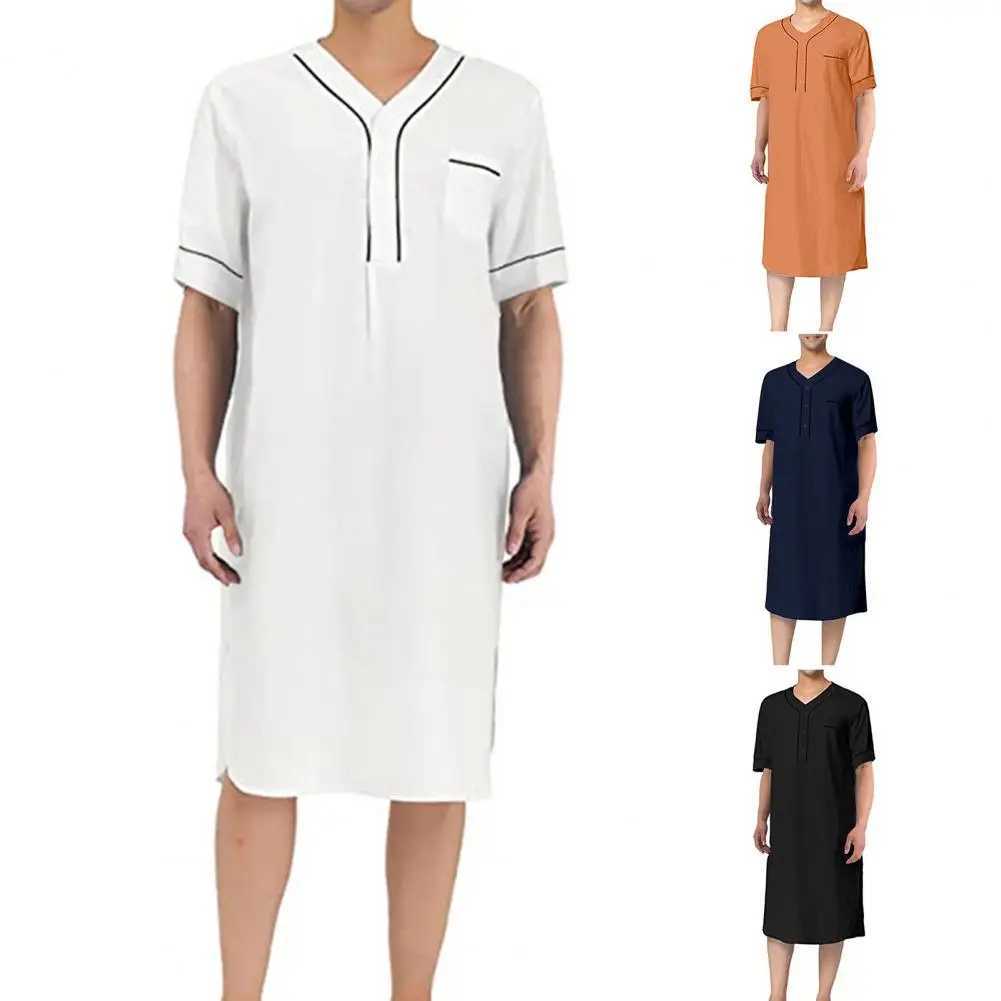 Men Nightgown Mens V-neck Short Sleeve Nightgown with Patch Pocket Solid Color Mid-calf Length Sleep Robe for Leisure for Men Y240919
