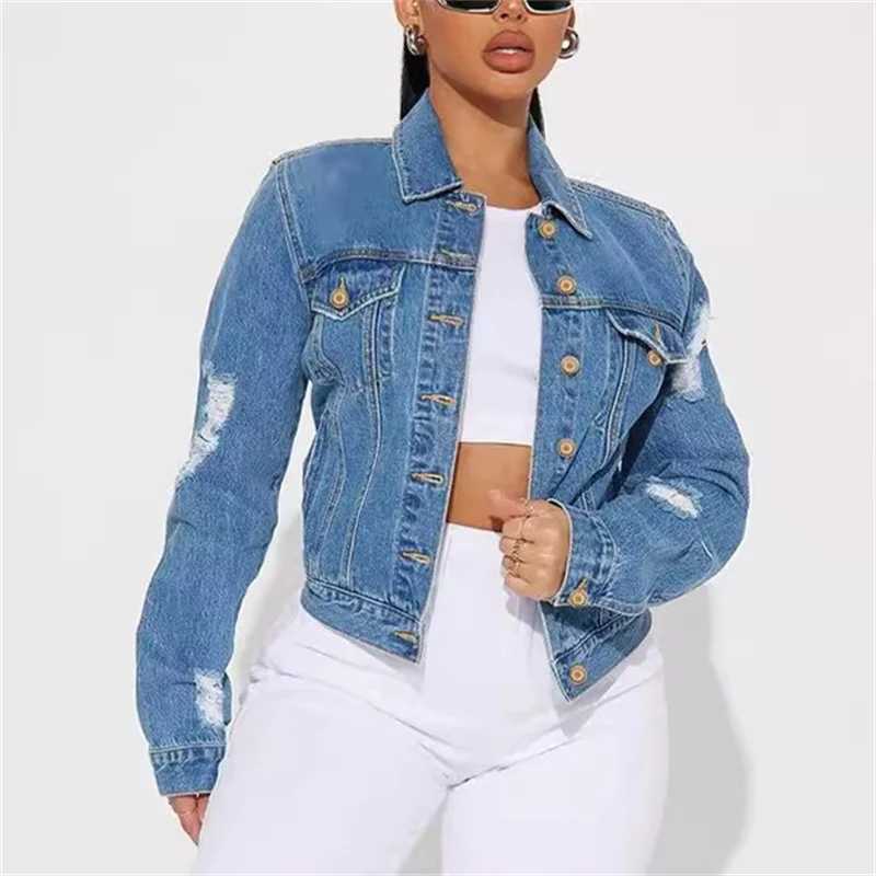 Women Fashion Broken Holes Denim Jacket Casual Vintage Single-breasted Cardigan Coat Autumn Winter Daily Casual Female OuterwearX240920