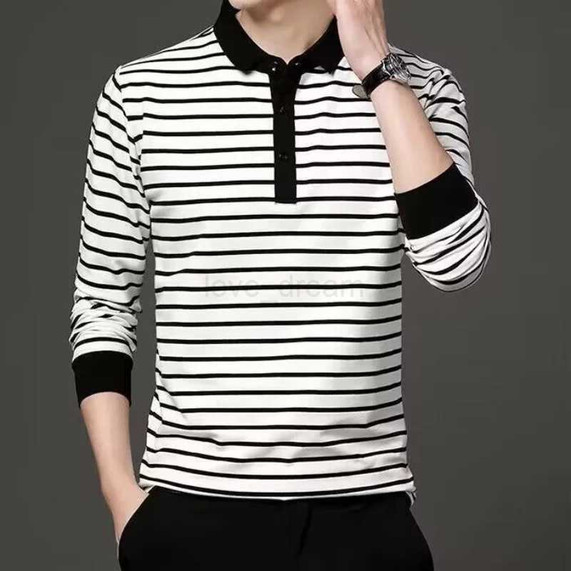 Spring and Autumn New Mens Long Sleeve T-shirt with Polo Collar Black and White Stripes Top Youth Casual Male Comfortable ShirtXJ240920