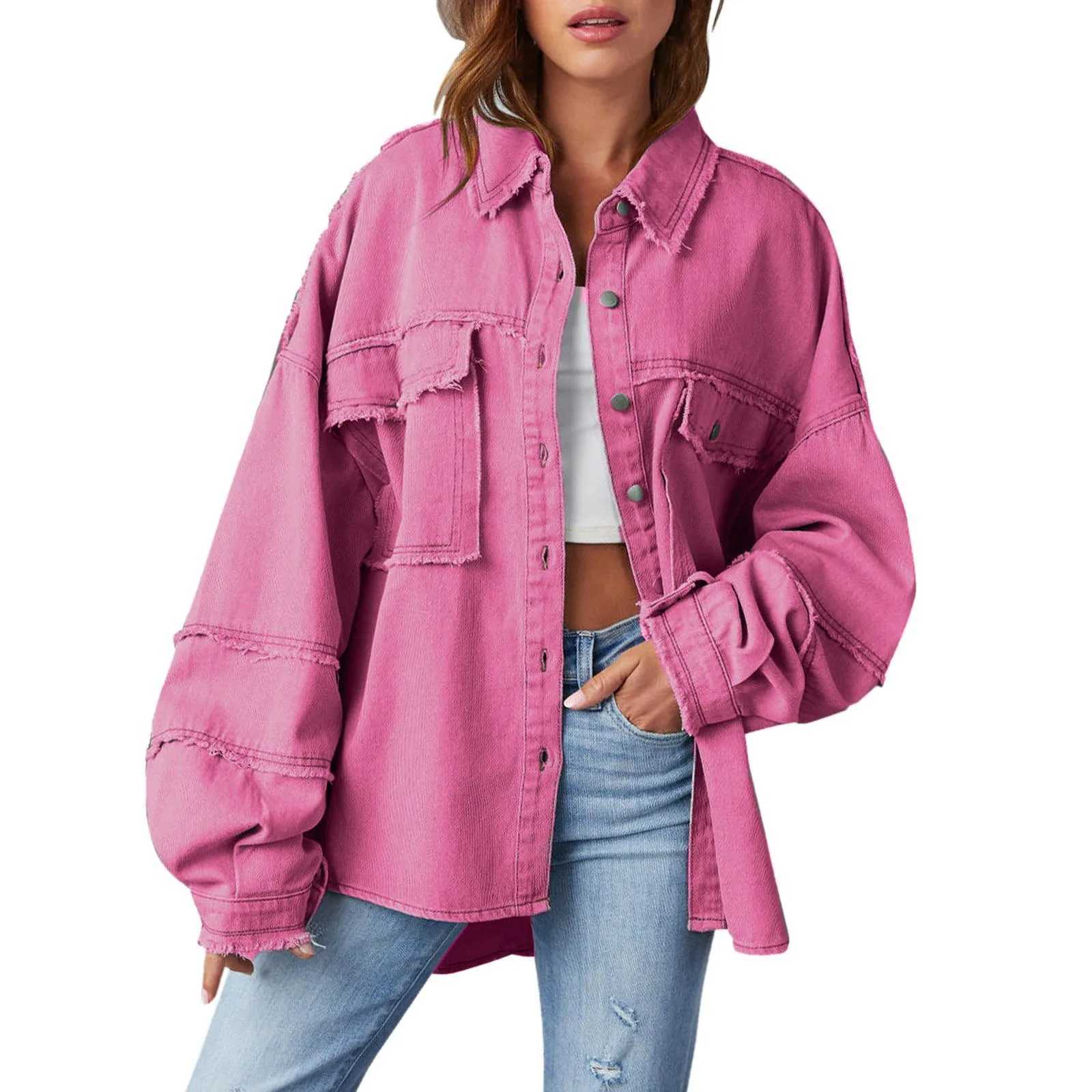 Patchwork Distressed Denim Jean Jacket WomenS Oversized Button Up Hem Shacket Long Sleeve Pockets Coats Loose Shirt CoatX240920