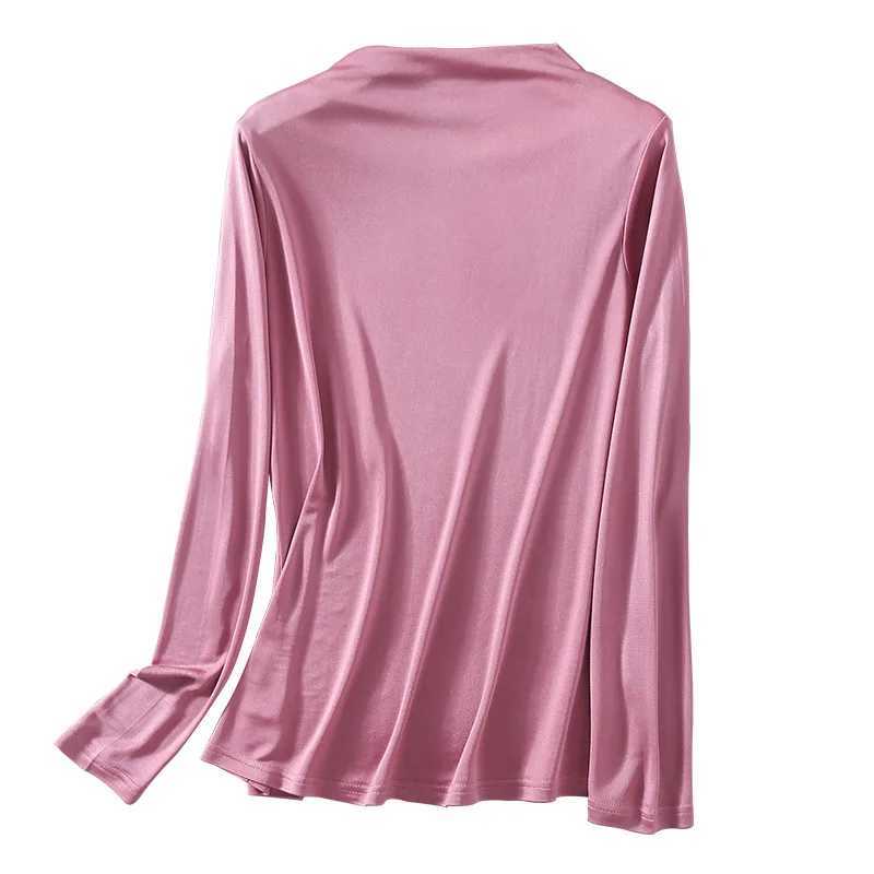 Autumn Winter Pure Silk High Collar T-shirt Women Mulberry Silk Double-sided Knitting Long Sleeve Bottoming Shirt Tops M240920