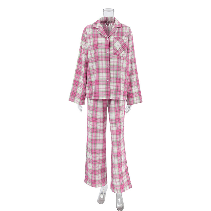2024 autumn/winter plaid loose sleepwear, long sleeved pants, fashionable casual women's home wear for outerwear