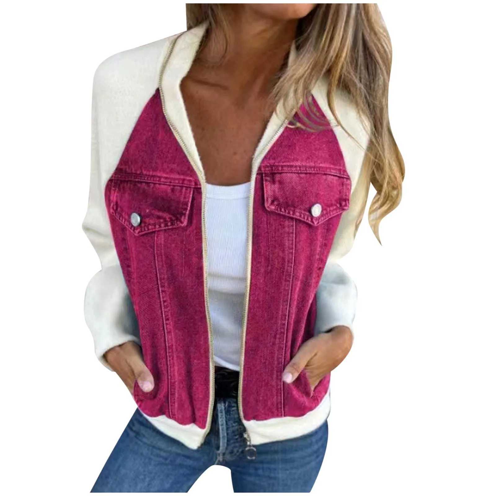 Womens autumn and winter denim jacket fashionable zipper casual splicing work denim jacket long sleeved hooded jacket womens cardigan W240920