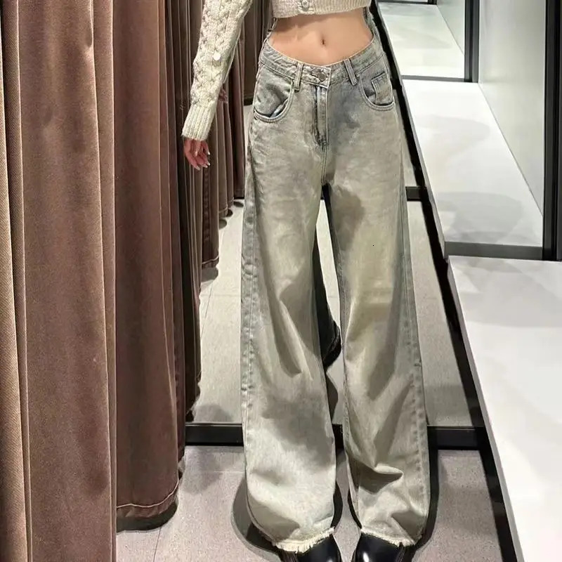 2026 Petite American Style Vintage Distressed Straight leg Jeans High waisted Slimming Wide leg Loose fit Pants For Women