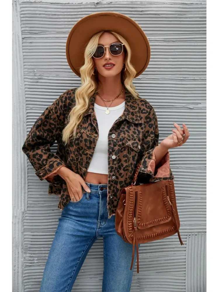 Denim Autumn Leopard Print Jackets Coats Women Casual Fashion Irregular Ladies Cropped Jackets Long Sleeve Loose Woman Coat 2023X240920