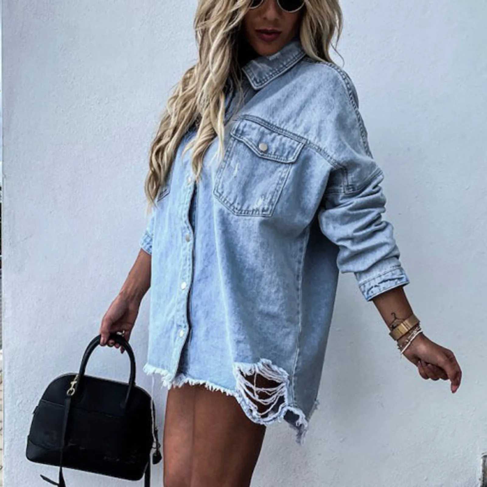 Distressed Ripped Denim Jacket For Women Autumn Large Size Fashion Mid Length Vintage Washed Hole Ripped Long Sleeve Jean CoatX240920