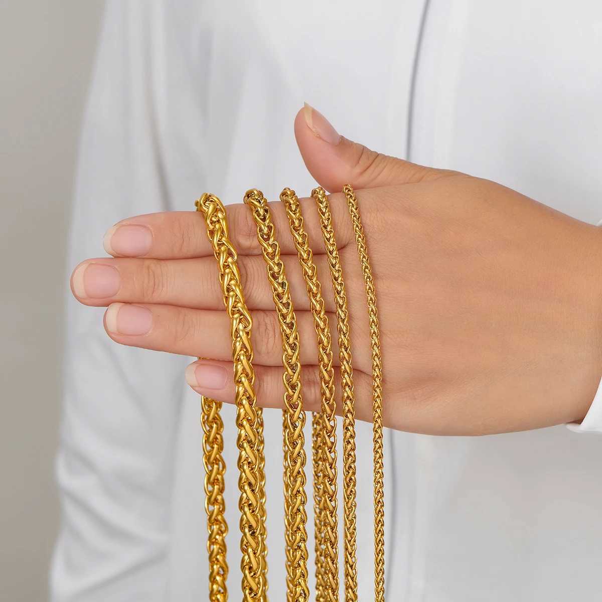 Thickness 3mm/4mm/5mm/6mm/7mm Gold Color Wheat Braided Stainless Steel Necklace Link Classic Curb Chain for Men Women JewelryX240919