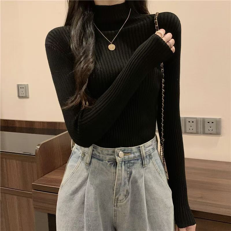 Half-high neck Joker bottoming long-sleeved knit top Korean version of solid color soft waxy sweater new female slim in winter.