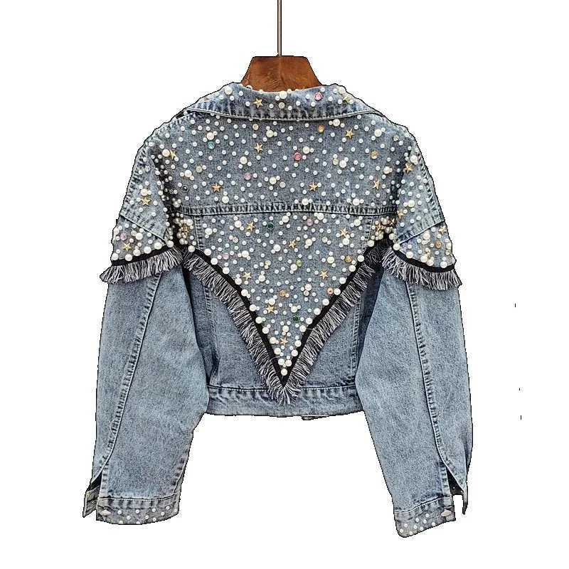 2024 New Mujer Spring Autumn Streetwear Denim Jacket Women Hand-studded Pearls Punk Tassel Veste Femme Loose Short Jeans CoatsX240920